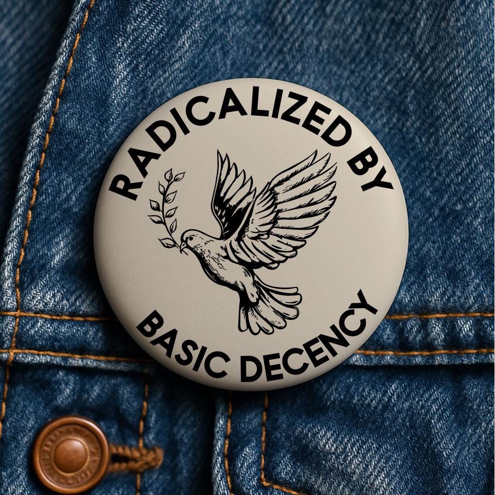 Radicalized By Basic Decency button pin 8647 fuck trump fuck maga liberal blue wave
