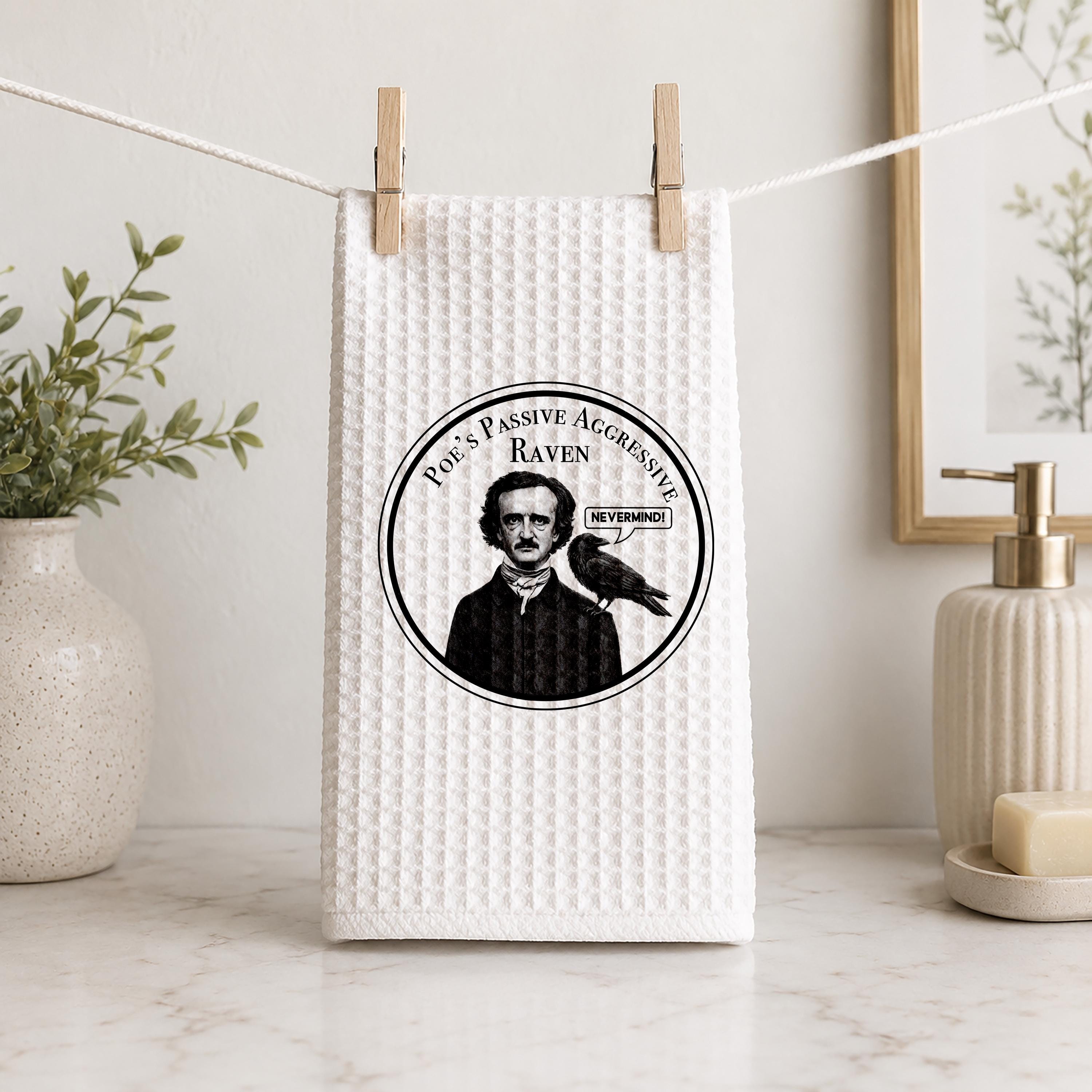 Edgar Allan Poe Raven Waffle Weave Kitchen Towel  Literary Humor Gift