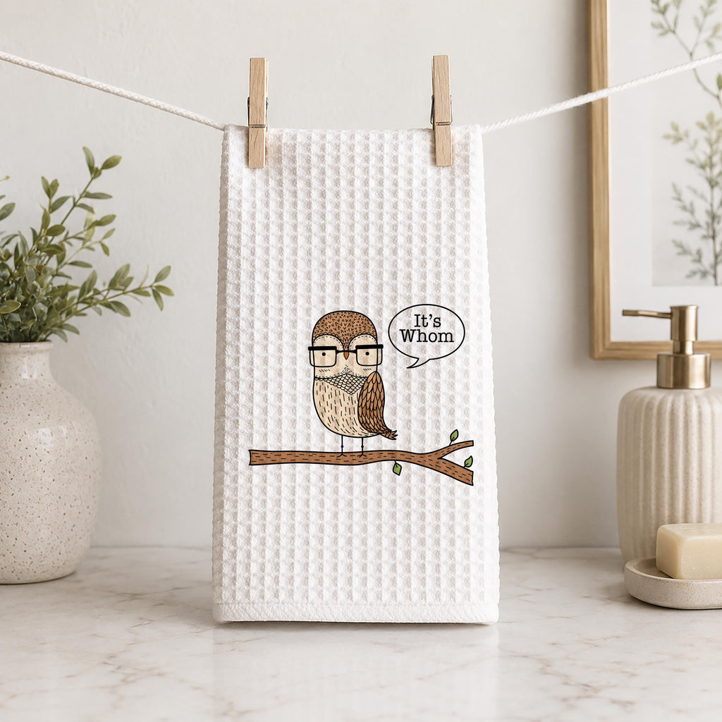 Funny Owl Grammar Hand Towel: English Teacher Gift, Waffle Weave Kitchen Towel