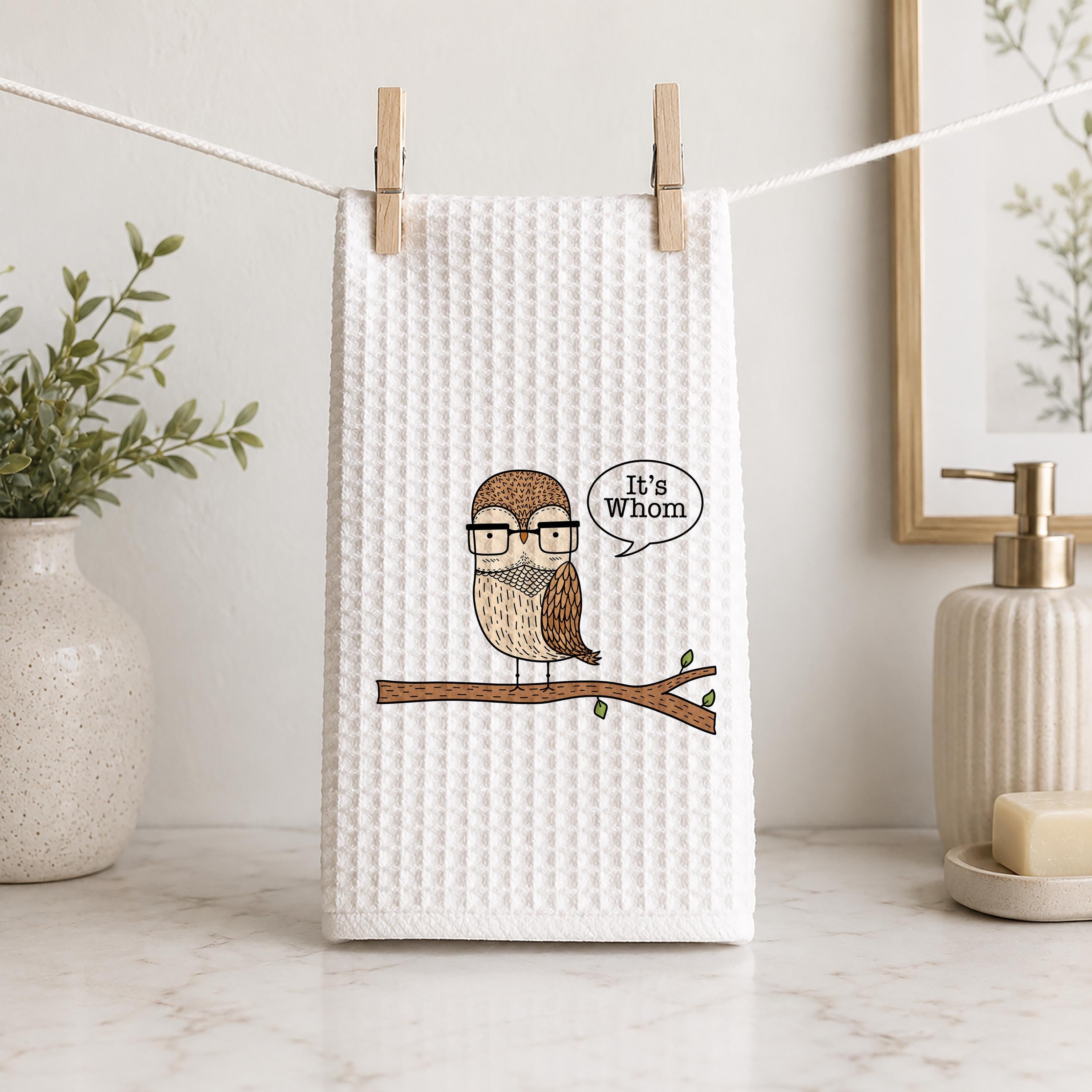 Funny Owl Grammar Hand Towel: English Teacher Gift, Waffle Weave Kitchen Towel