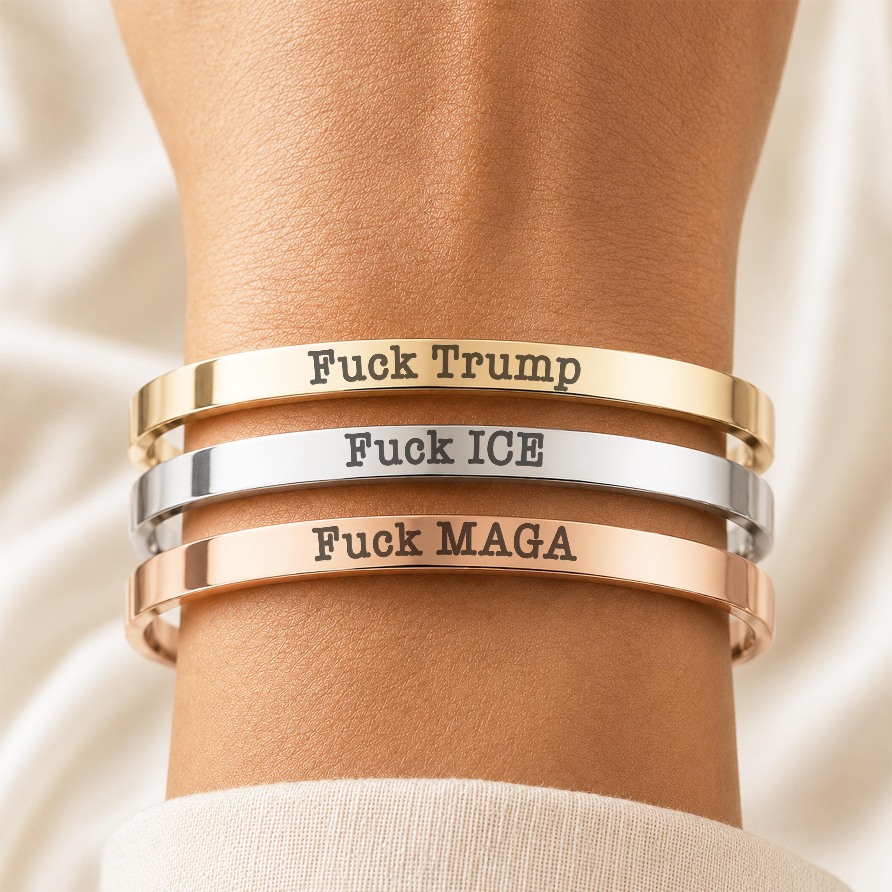 Engraved Stainless Steel Cuff Bracelets: Anti Trump, Resist Jewelry Set