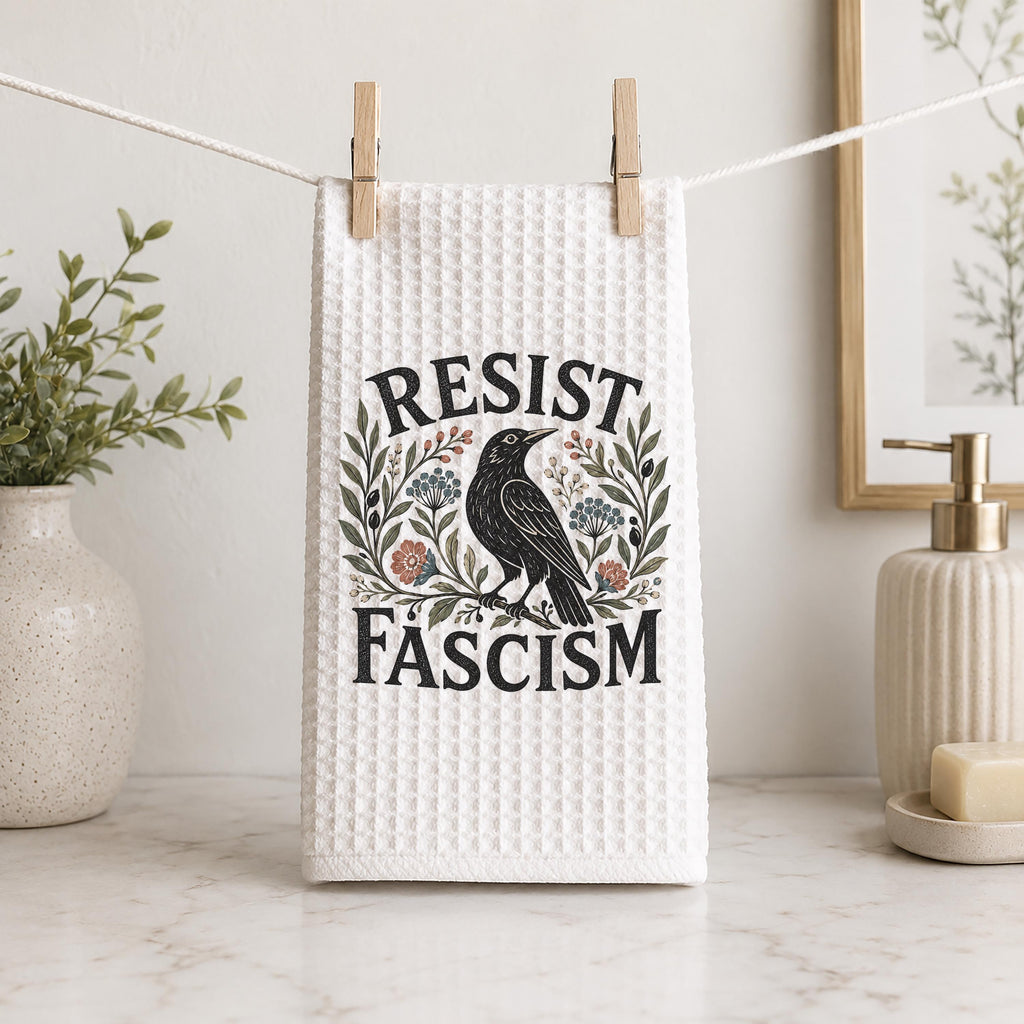 Resist Fascism Hand Towel: Blackbird Floral Folk Art Kitchen Décor