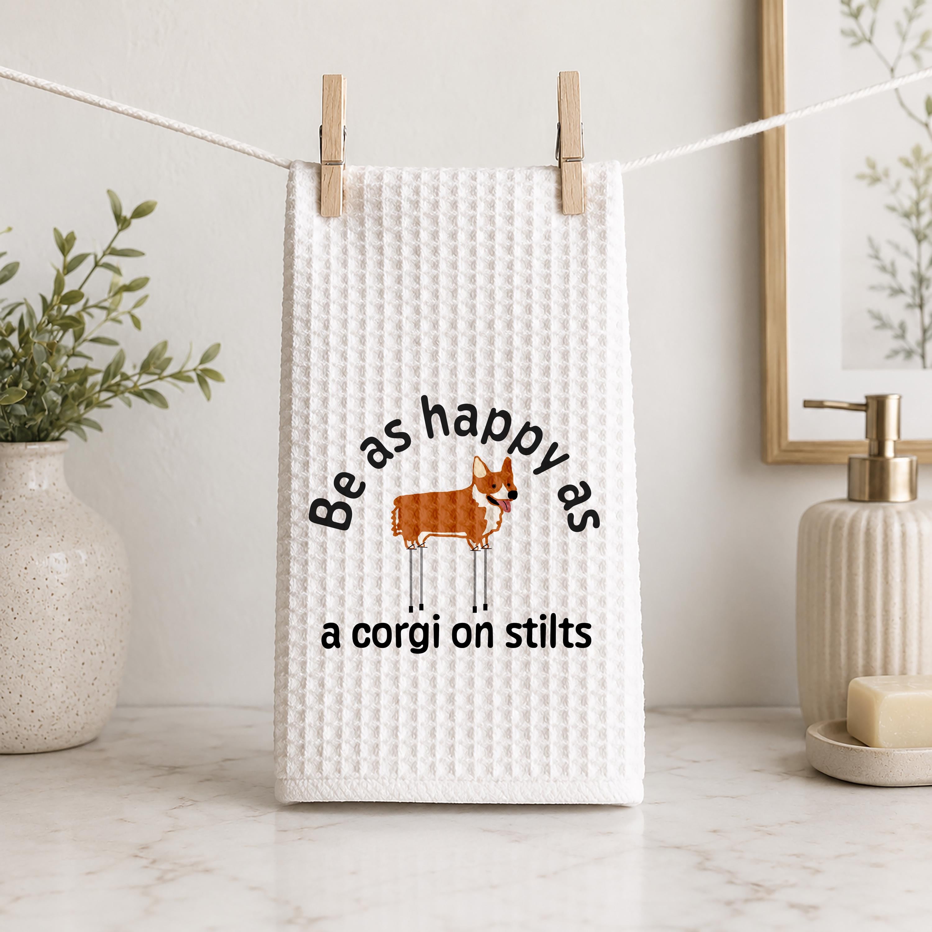 Corgi on Stilts Waffle Weave Kitchen Towel  Dog Lover Gift