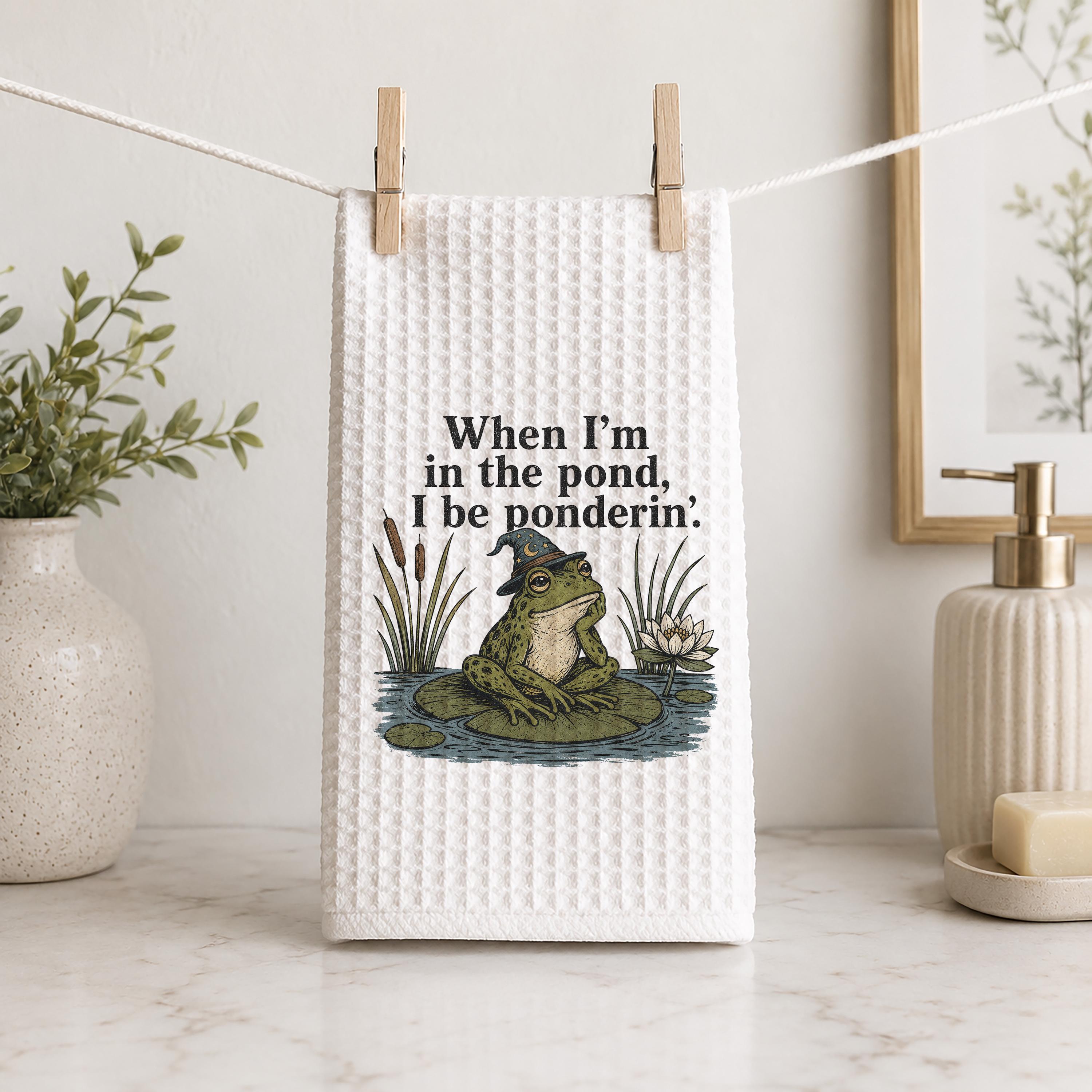 Ponderin' Frog Hand Towel: Whimsical Wizard Frog Cottagecore Kitchen Decor