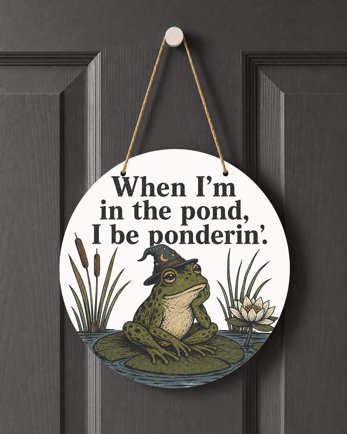 Ponderin Frog Door Hanger: Whimsical Wizard Frog Cottagecore Decor Sign