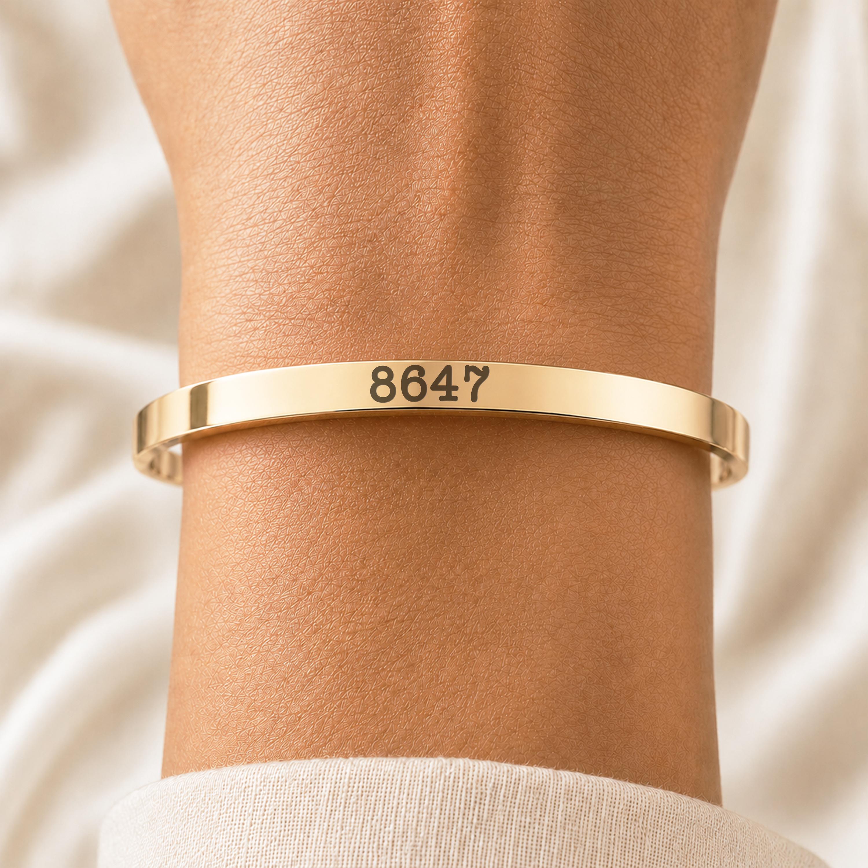 8647 Engraved Cuff Bracelet Gold Silver Rose Gold Political Statement Bracelet Minimalist Activist Jewelry