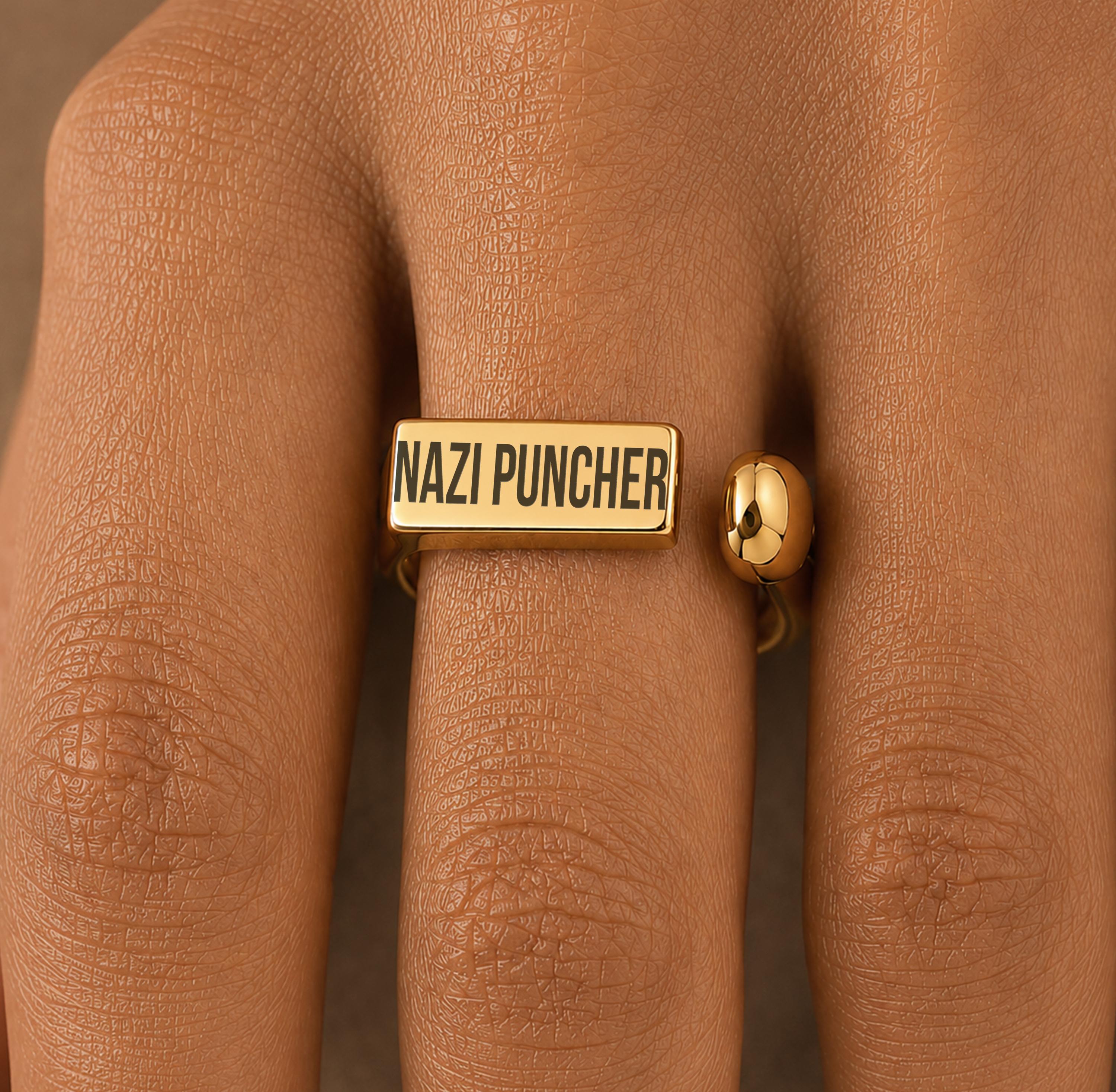Nazi Puncher Engraved Adjustable Ring 18K Gold Plated Stainless Steel Protest Jewelry