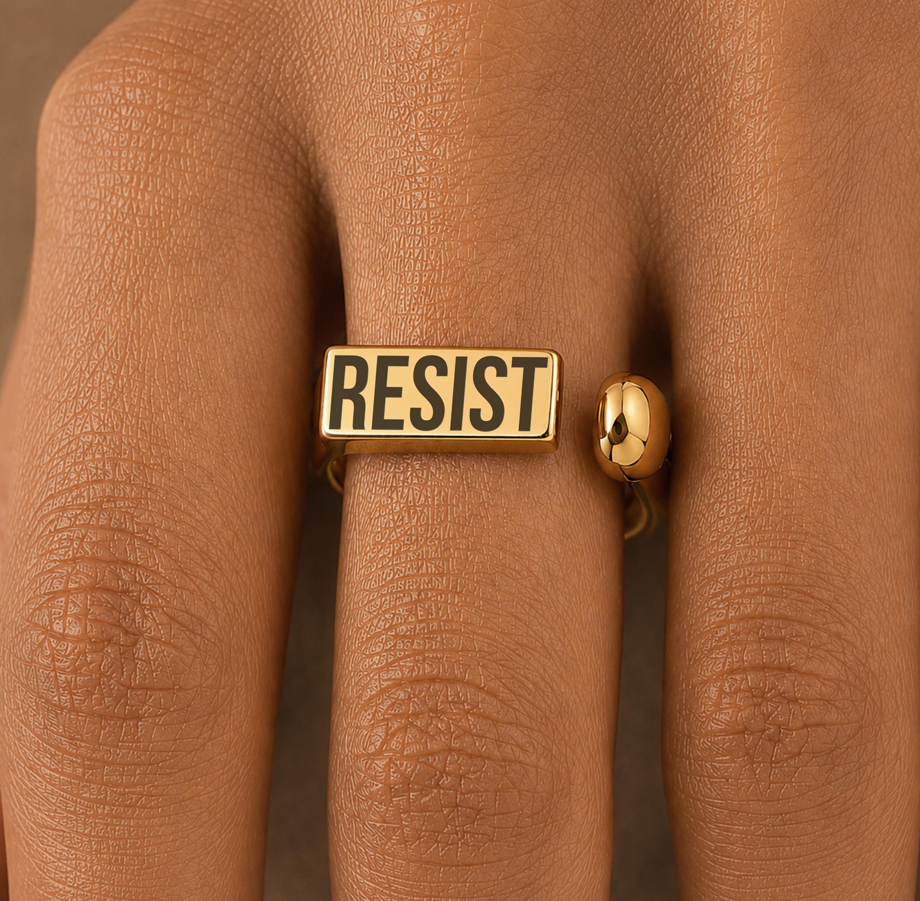 Resist Engraved Adjustable Ring 18K Gold Plated Stainless Steel Activist Jewelry