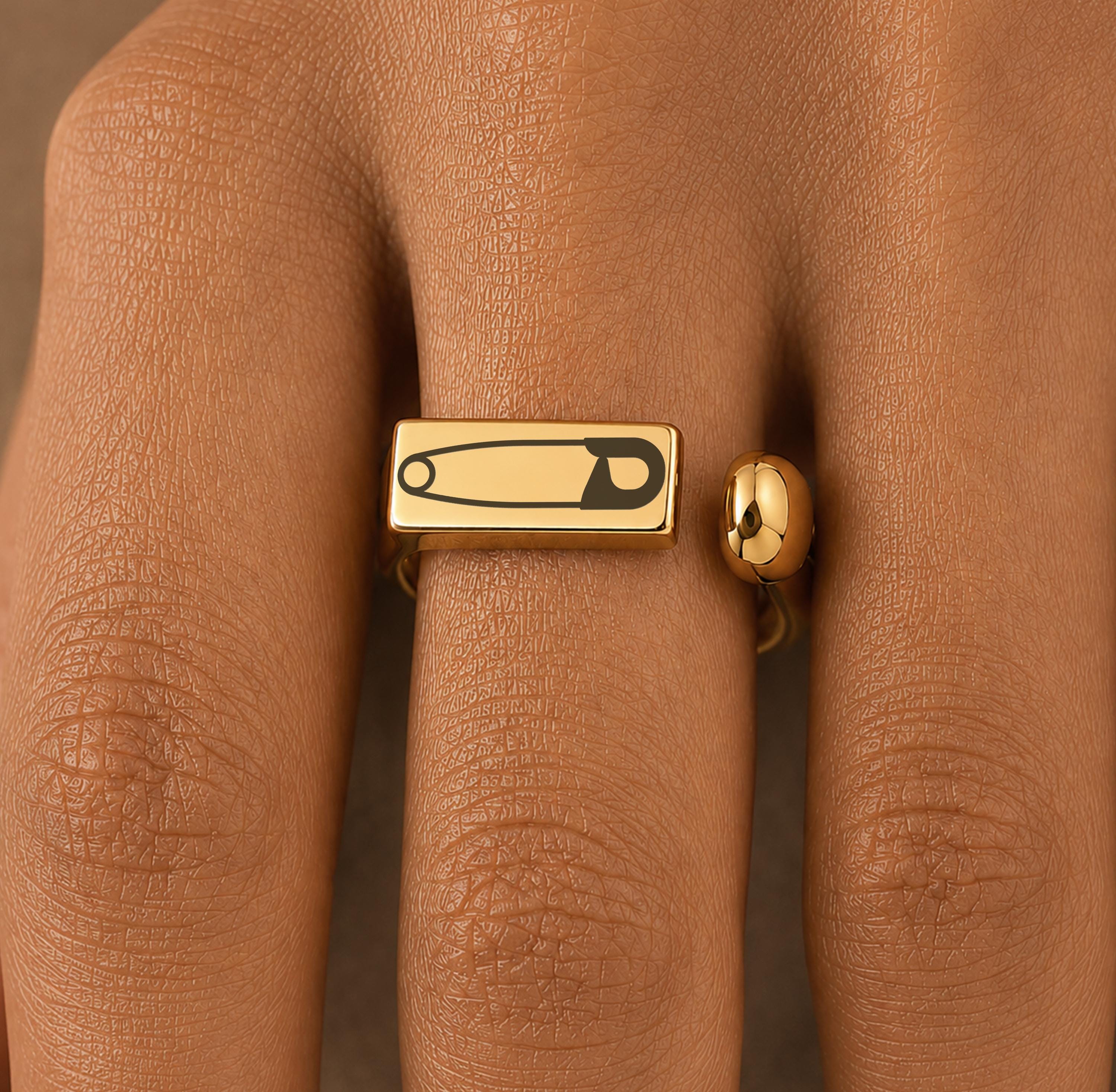 Safety Pin Engraved Adjustable Ring 18K Gold Plated Stainless Steel Ally Jewelry