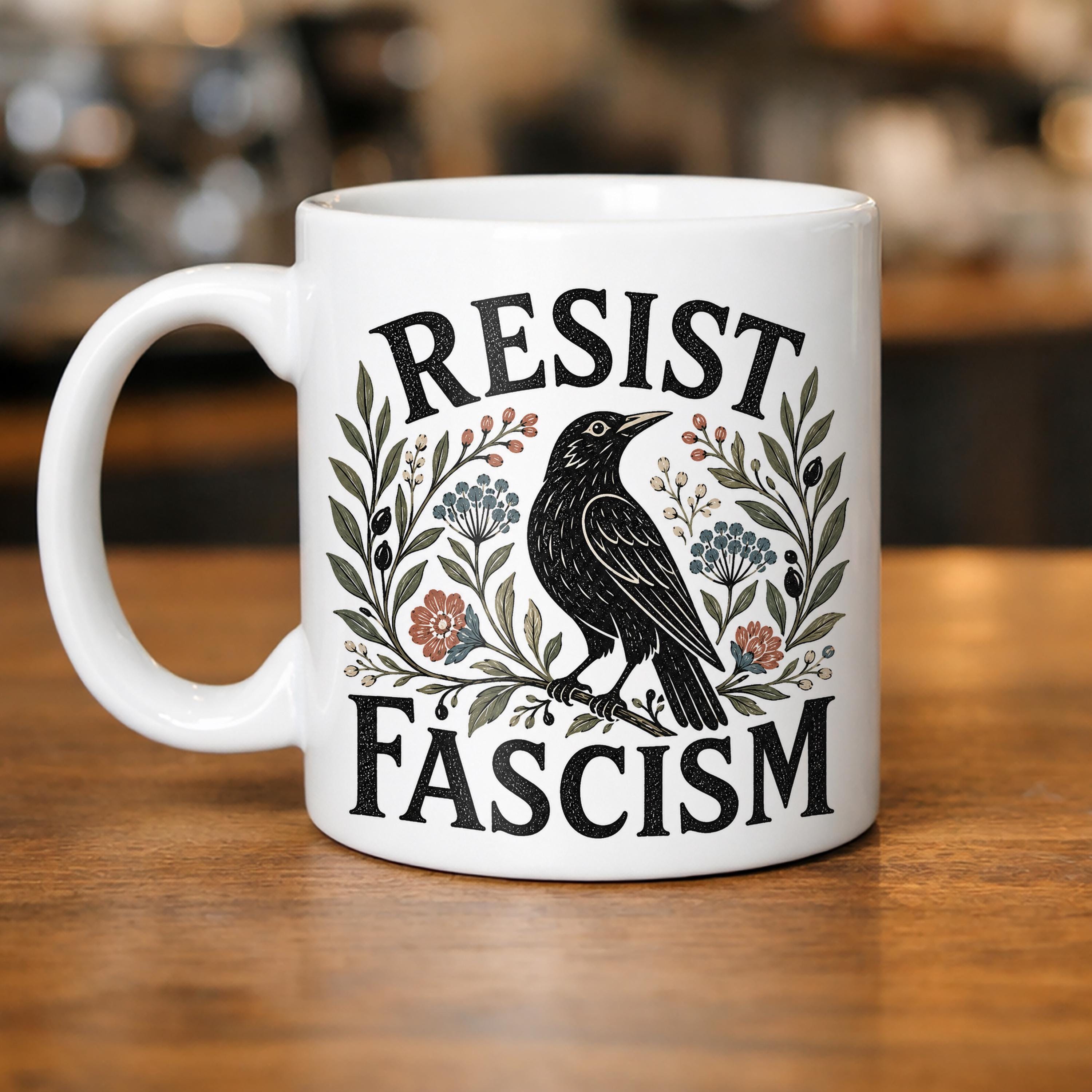 Resist Fascism Mug with Blackbird Botanical Art  Political Statement Ceramic Cup