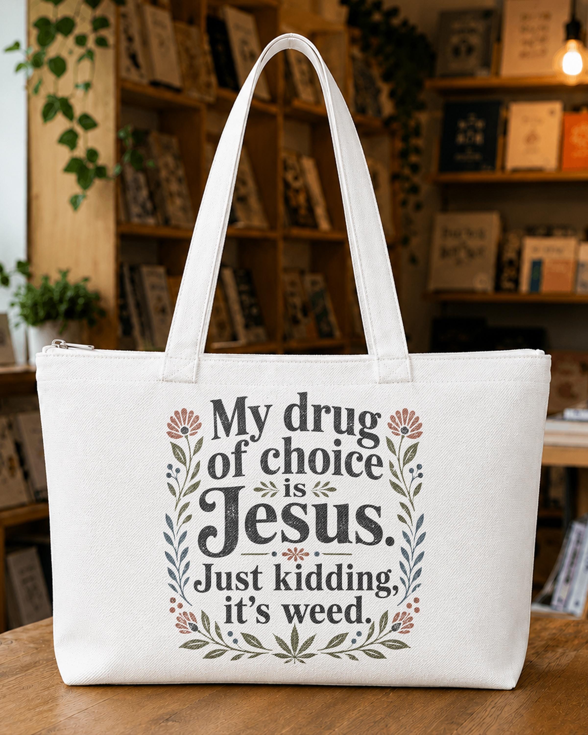 My Drug of Choice Is Jesus Just Kidding It's Weed Tote Bag