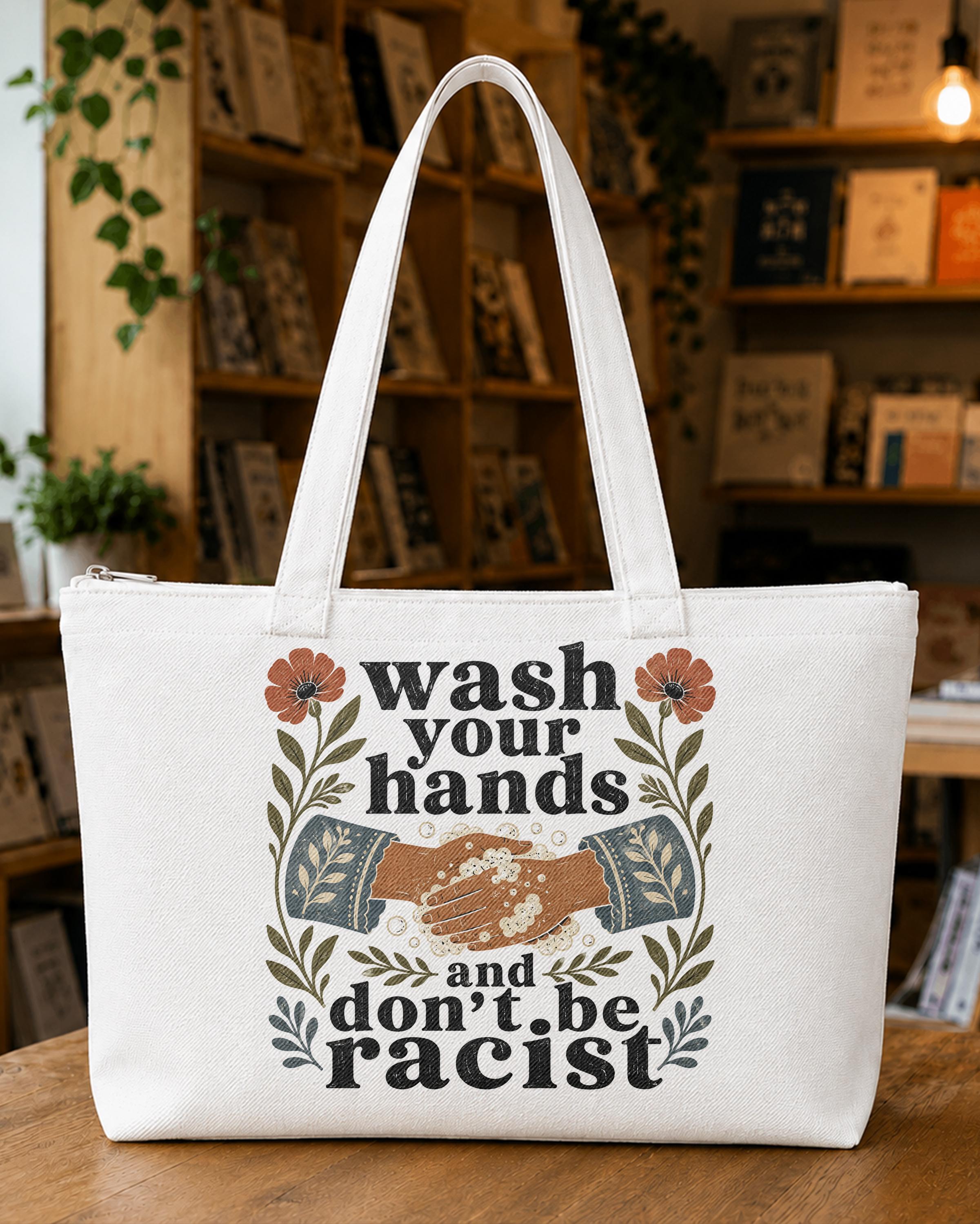 Wash Hands, Don't Be Racist Tote Bag