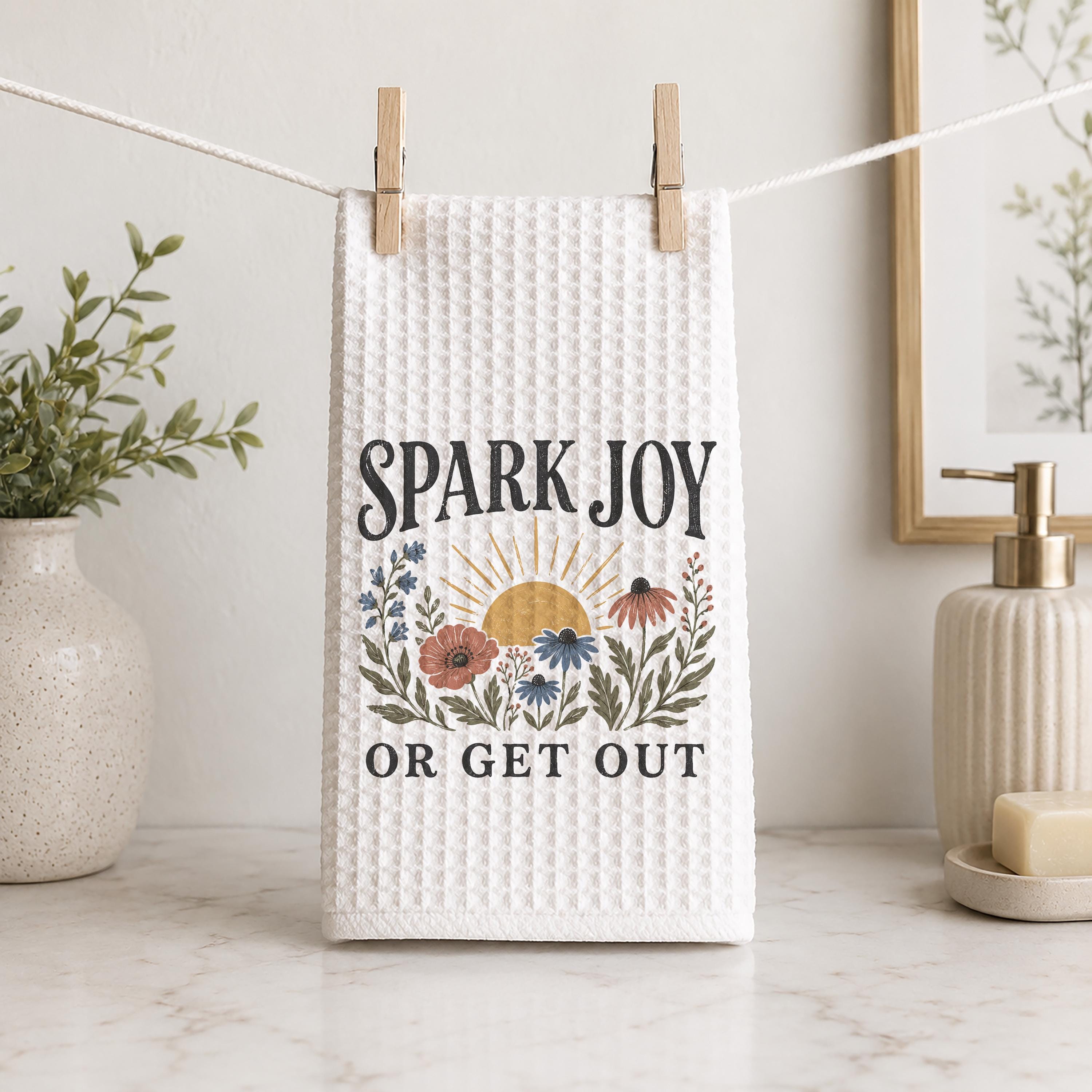 Spark Joy or Get Out Hand Towel  Boho Botanical Waffle Weave Kitchen Towel
