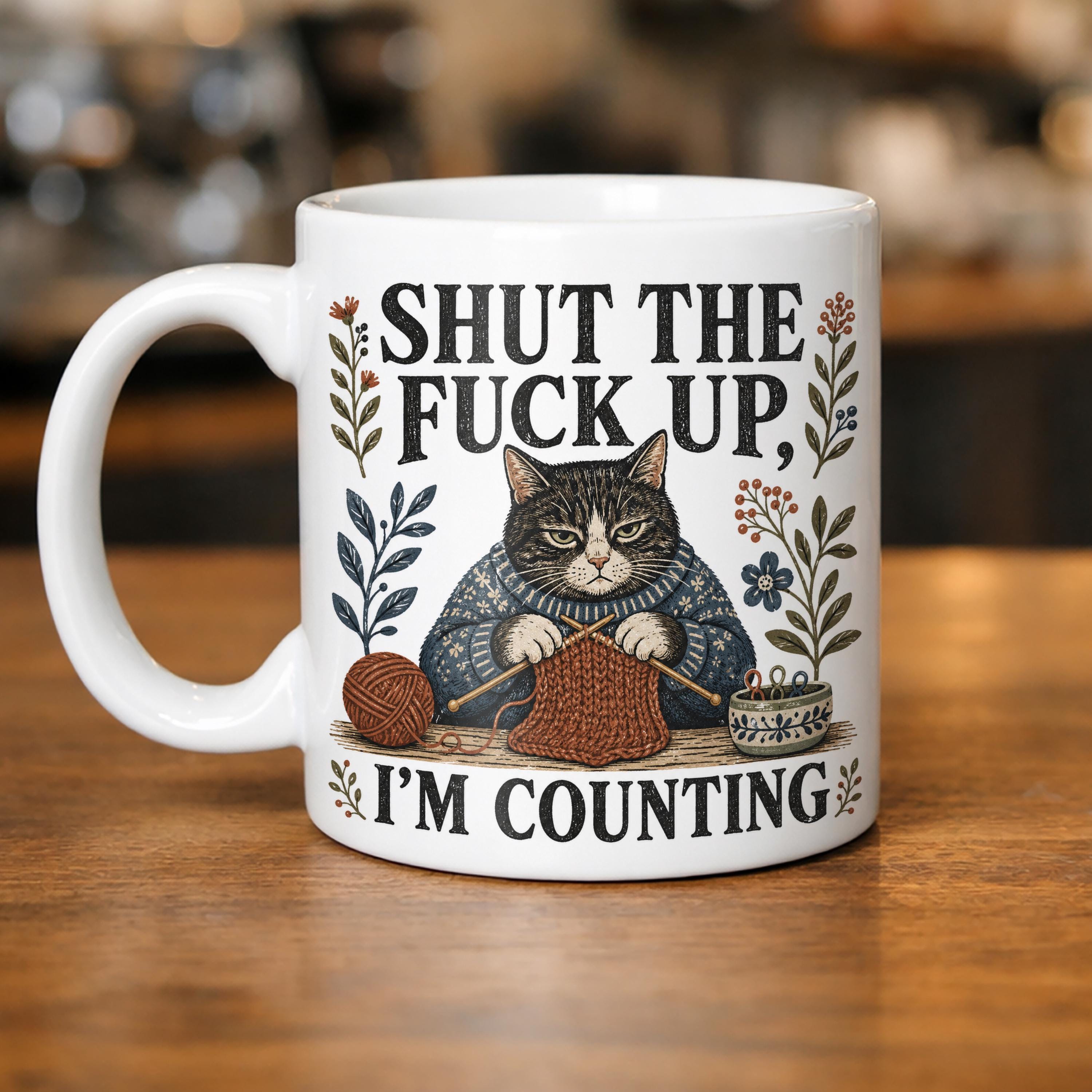 Funny Knitting Cat Mug: Sarcastic Yarn Lover Coffee Cup (11 oz Ceramic)