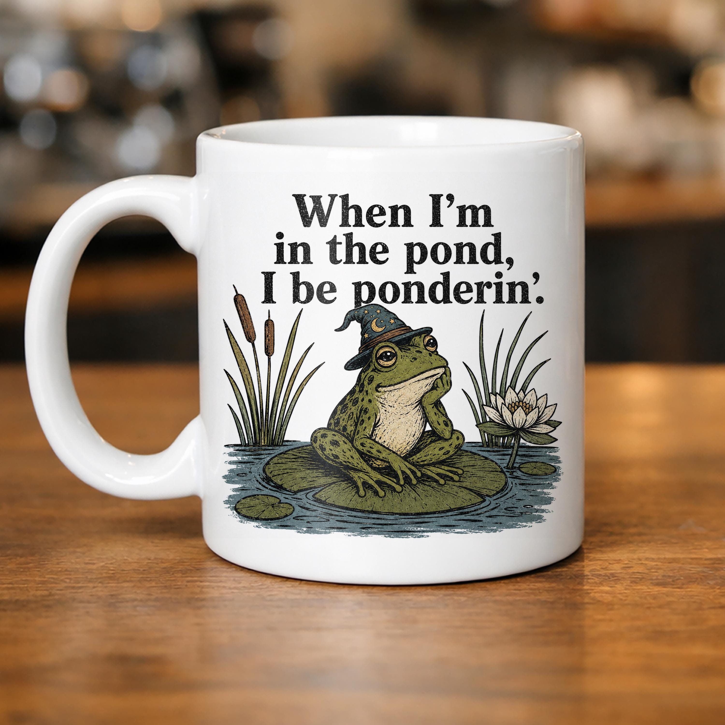 Ponderin Frog Wizard Mug  Cottagecore Whimsical Ceramic Coffee Cup