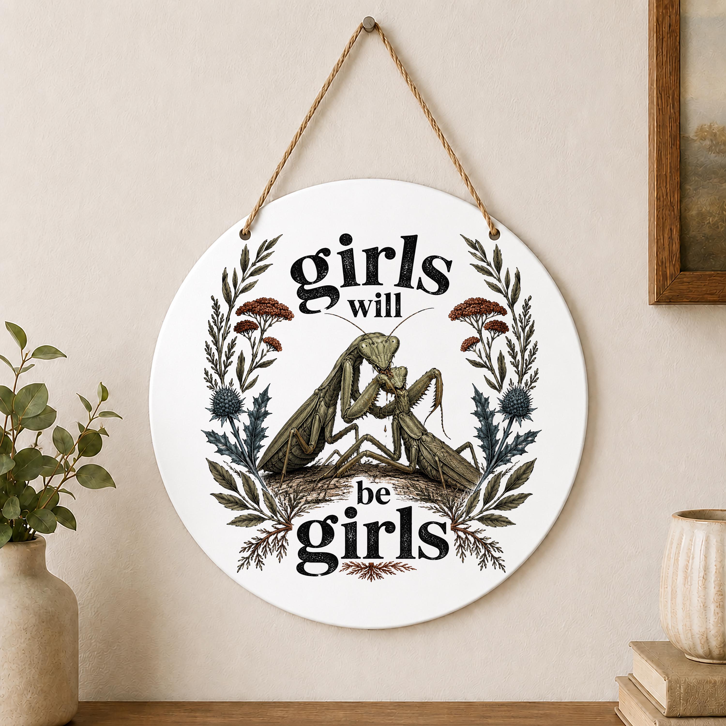 Girls Will Be Girls Door Hanger Feminist Sign Praying Mantis Outdoor Hanging Decoration Nature Decor