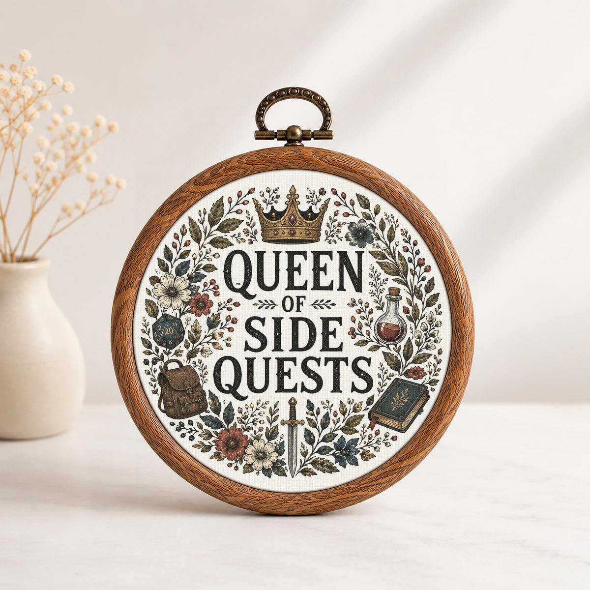 Queen of Side Quests Faux Embroidery Hoop