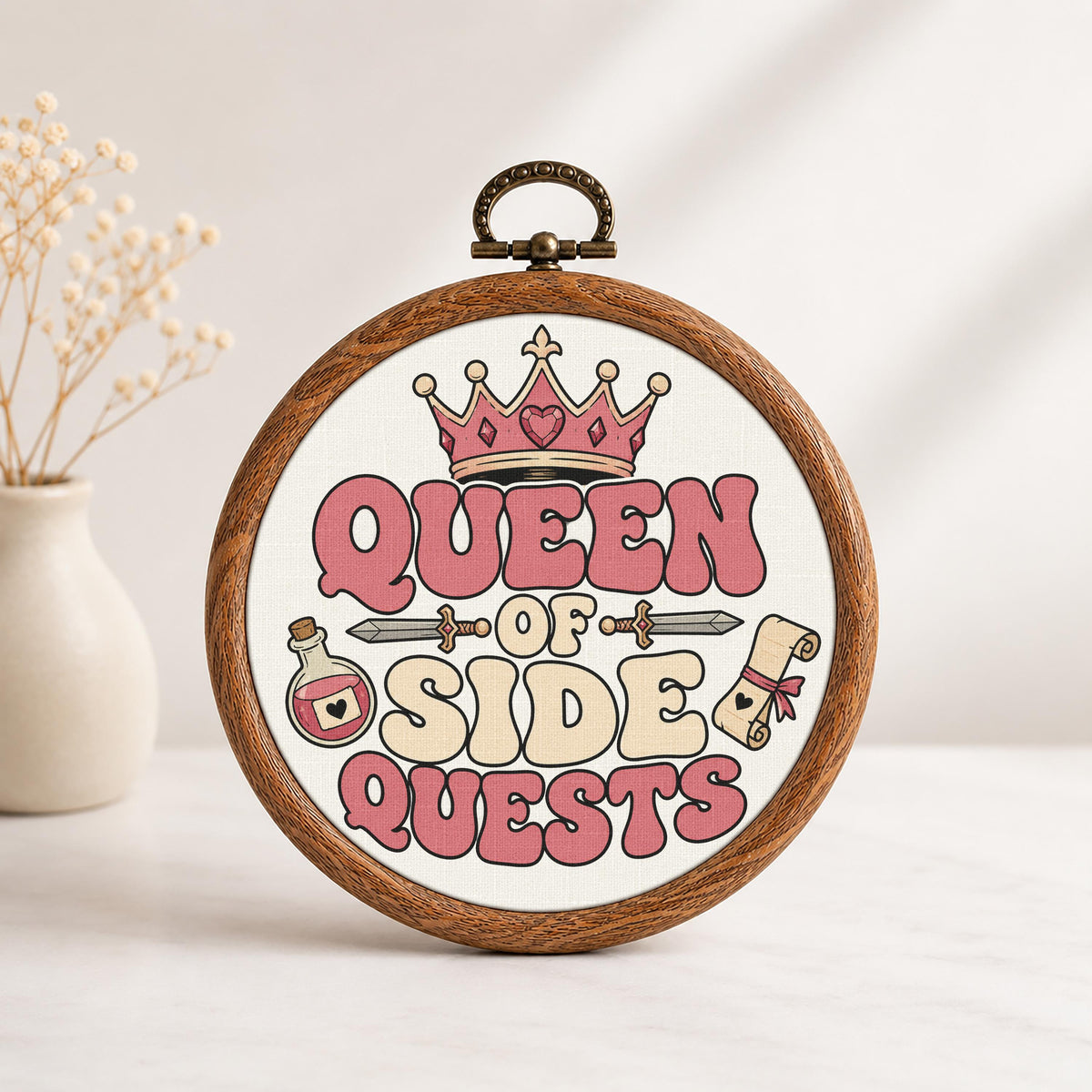 Queen of Side Quests Pink Faux Embroidery Hoop