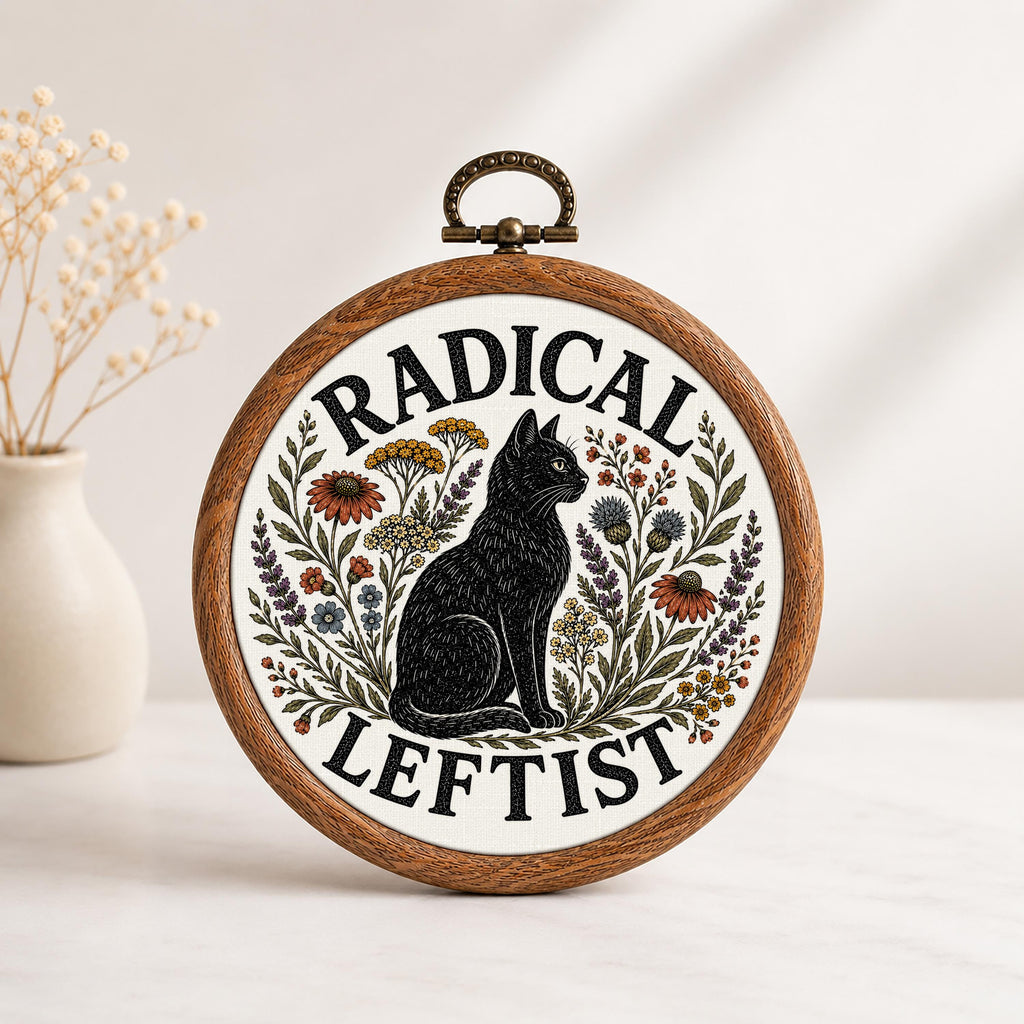 Radical Leftist Black Cat Faux Embroidery Hoop