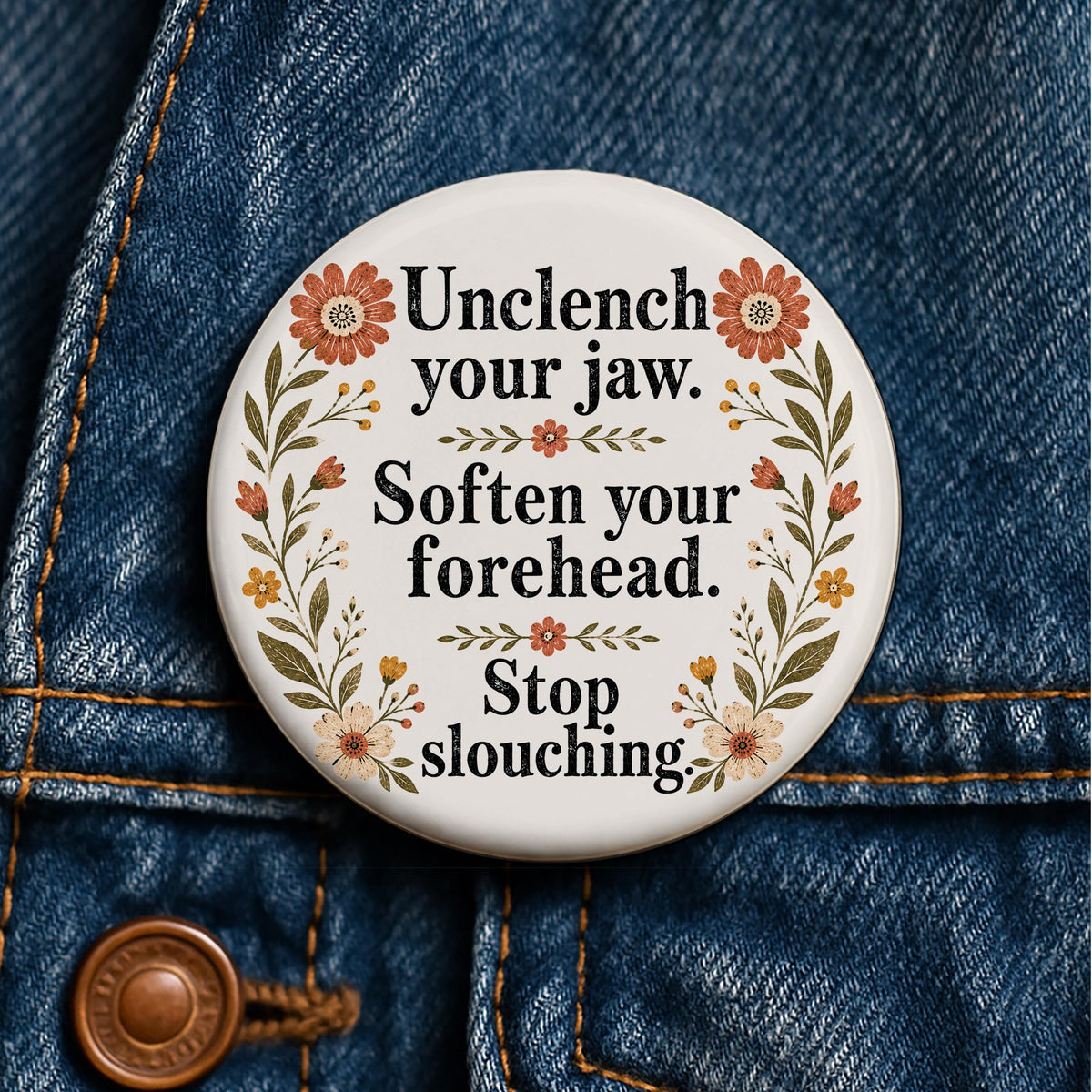 Unclench Your Jaw Button Funny Anxiety Pin Mental Health Button Self Care Reminder Therapist Gift Overthinker Gift Stop Slouching