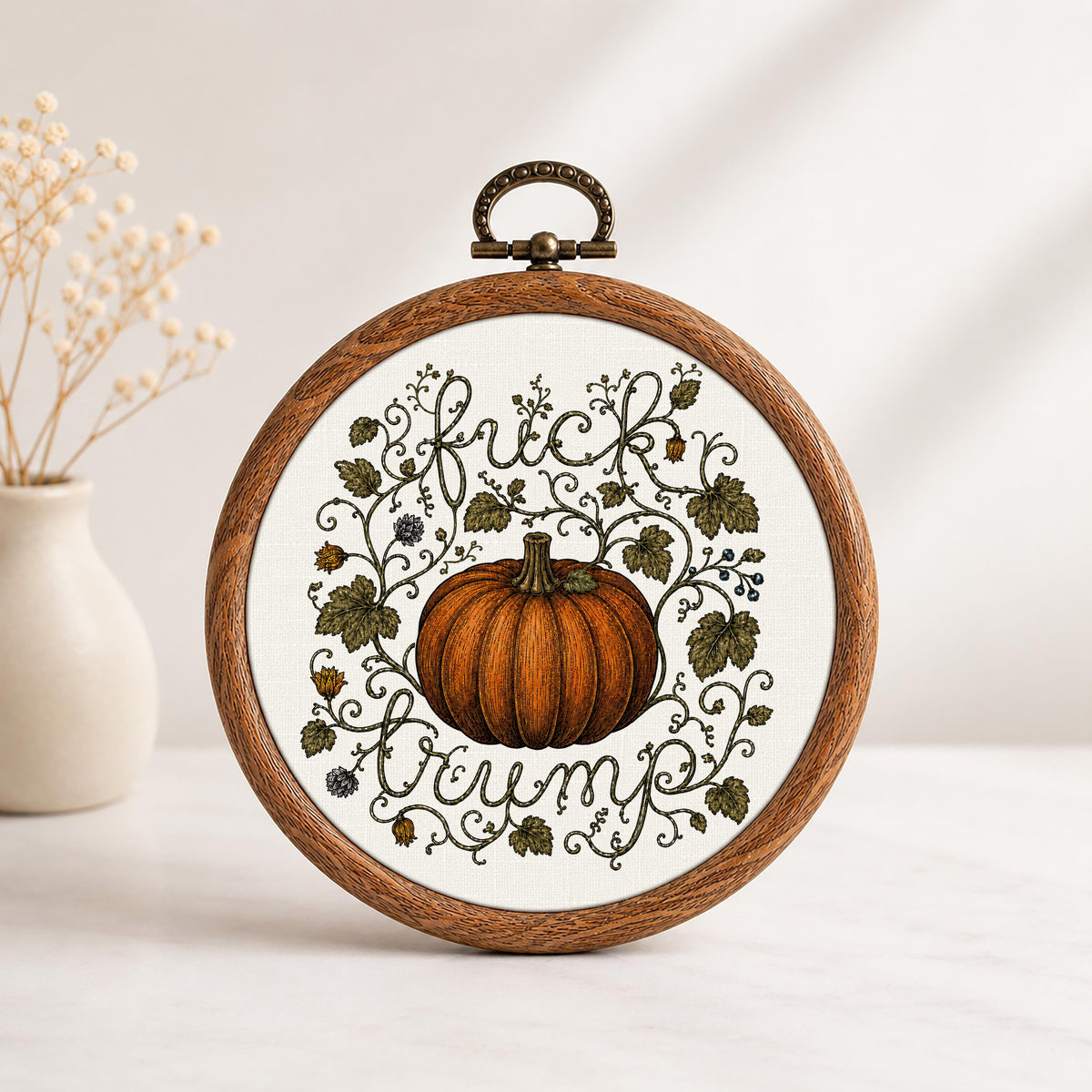 Fuck Trump Pumpkin Faux Embroidery Hoop