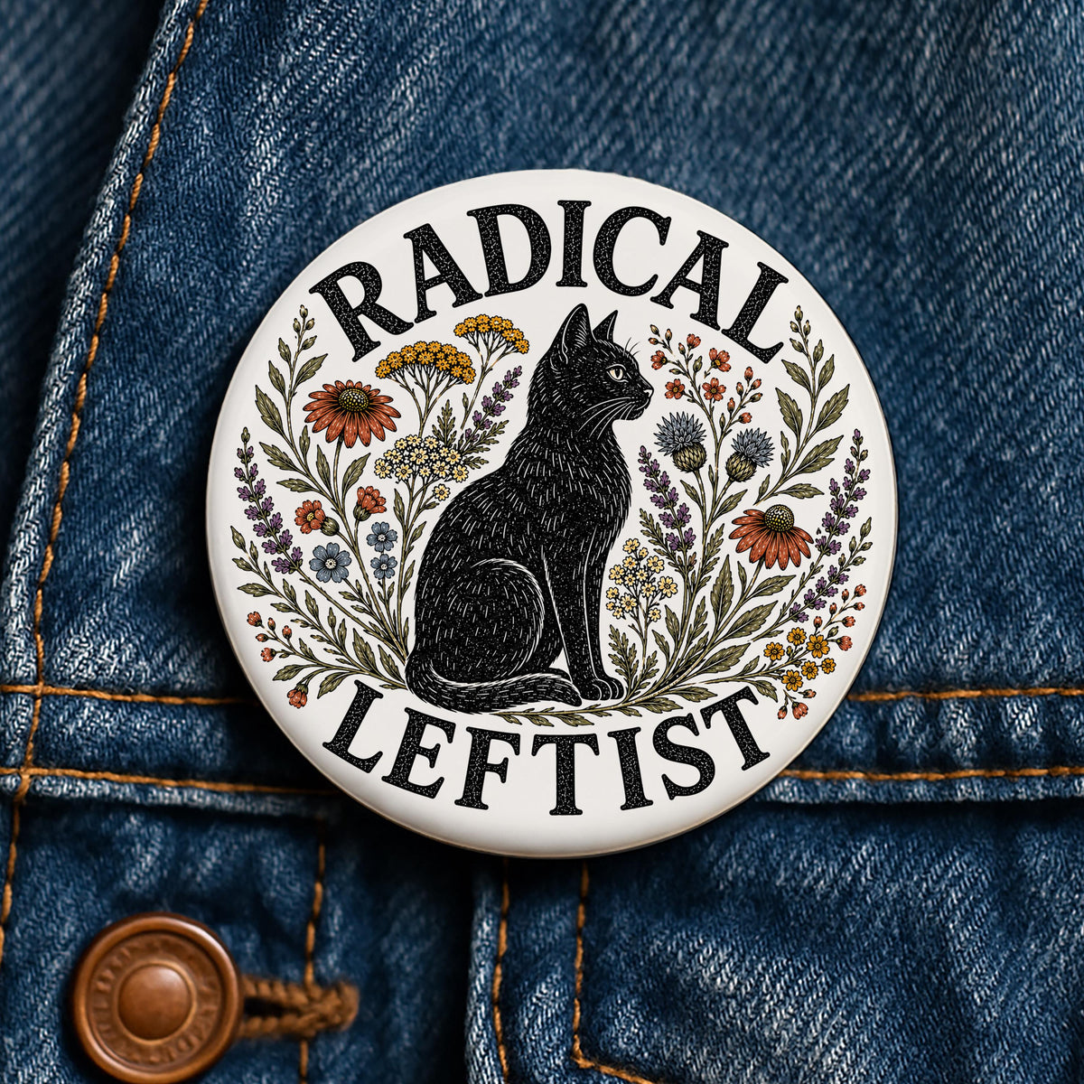 Radical Leftist Button Black Cat Political Pin Progressive Liberal Feminist Anti Trump Anti MAGA Leftist Resistance Gift