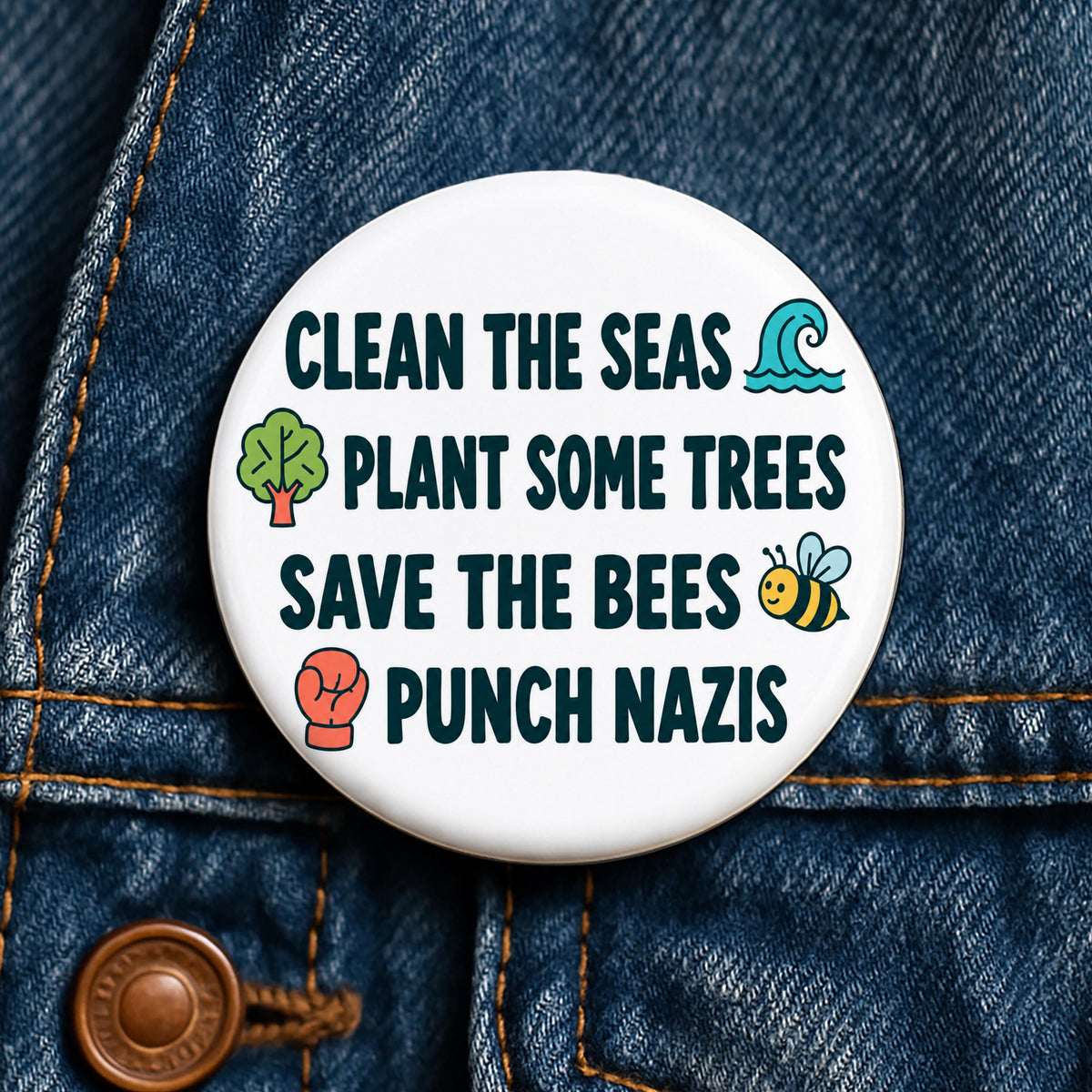 Clean the Seas Save the Bees Punch Nazis Button Anti Fascist Leftist Liberal Environmentalist Climate Activist Protest Button